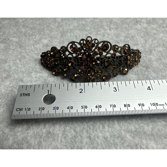 Antique Amber Tone Rhinestone Hair Barrette Jeweled Filigree Clip 4" Long - Picture 5 of 6